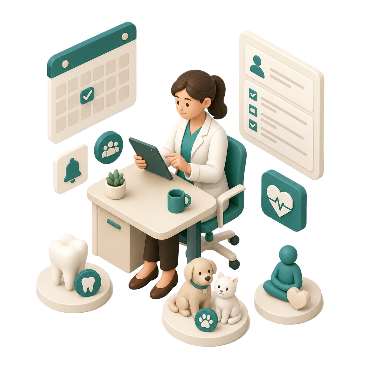 Veterinary staff using a tablet at a desk with pet health icons, calendar, and animal figures around them