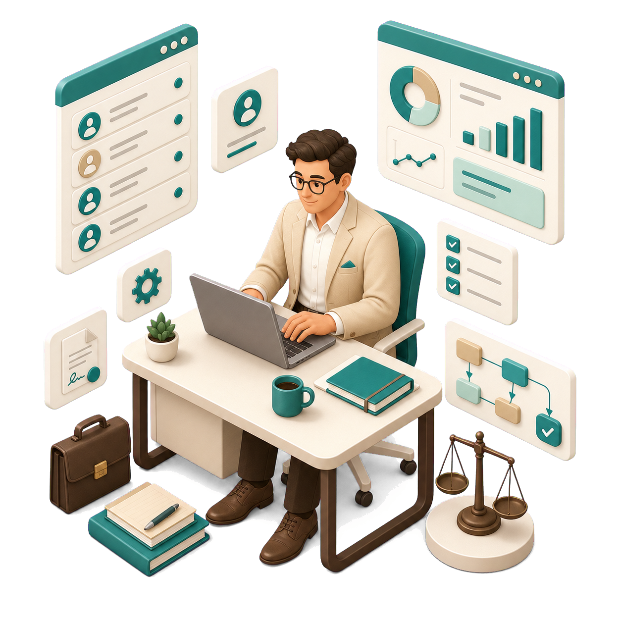 Office worker at a desk with laptop, surrounded by charts, icons, and business tools in a teal workspace