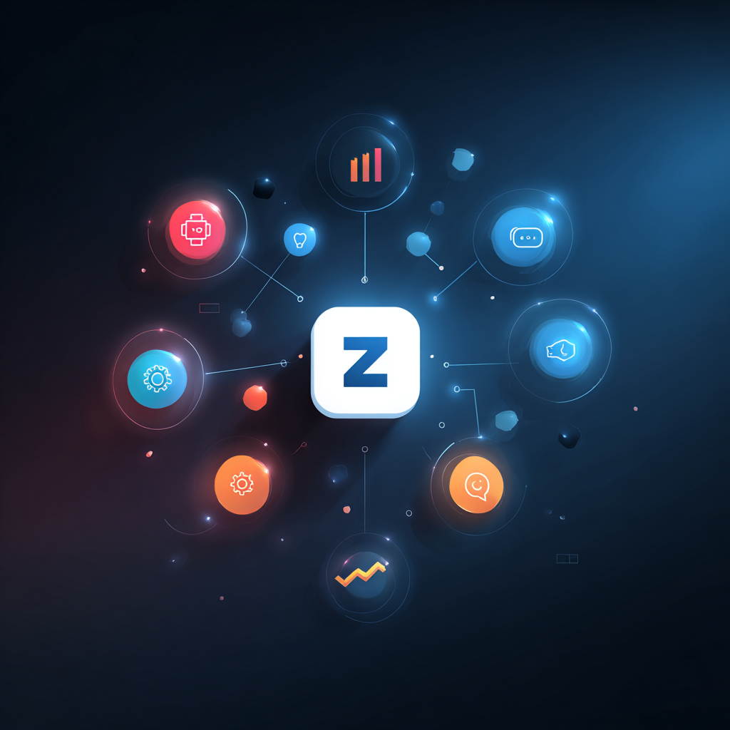 A dark blue background with connected glowing orbs of various colors, and the letter “Z” in a white square in the center.