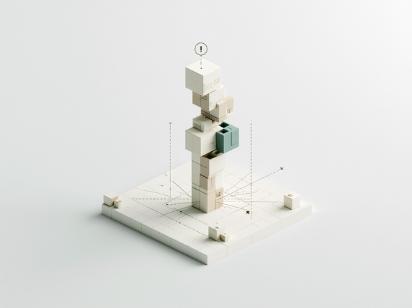3D isometric game board with beige blocks and a central tower marked by an exclamation point.