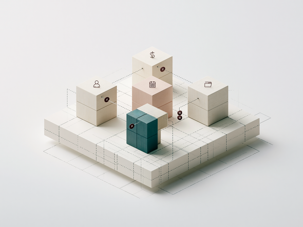 Minimal beige workflow diagram with five linked icons: user, email, calendar, dollar, and folder.