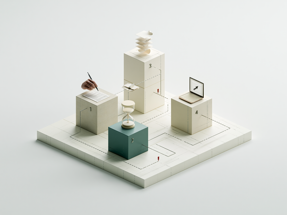 Beige 3D workflow icons—documents, clock, calendar, and keyboard—linked by dotted paths with red alert markers