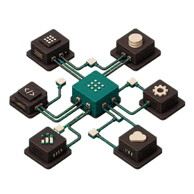 Illustration of a workflow dashboard with connected cards, icons, and teal interface panels on a light background