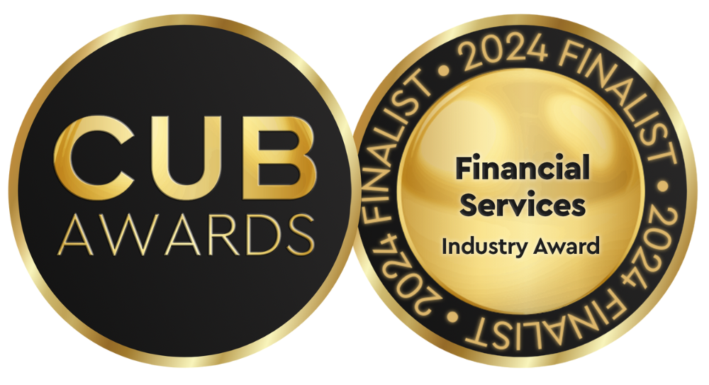 A black and gold logo for cub awards financial services industry award.