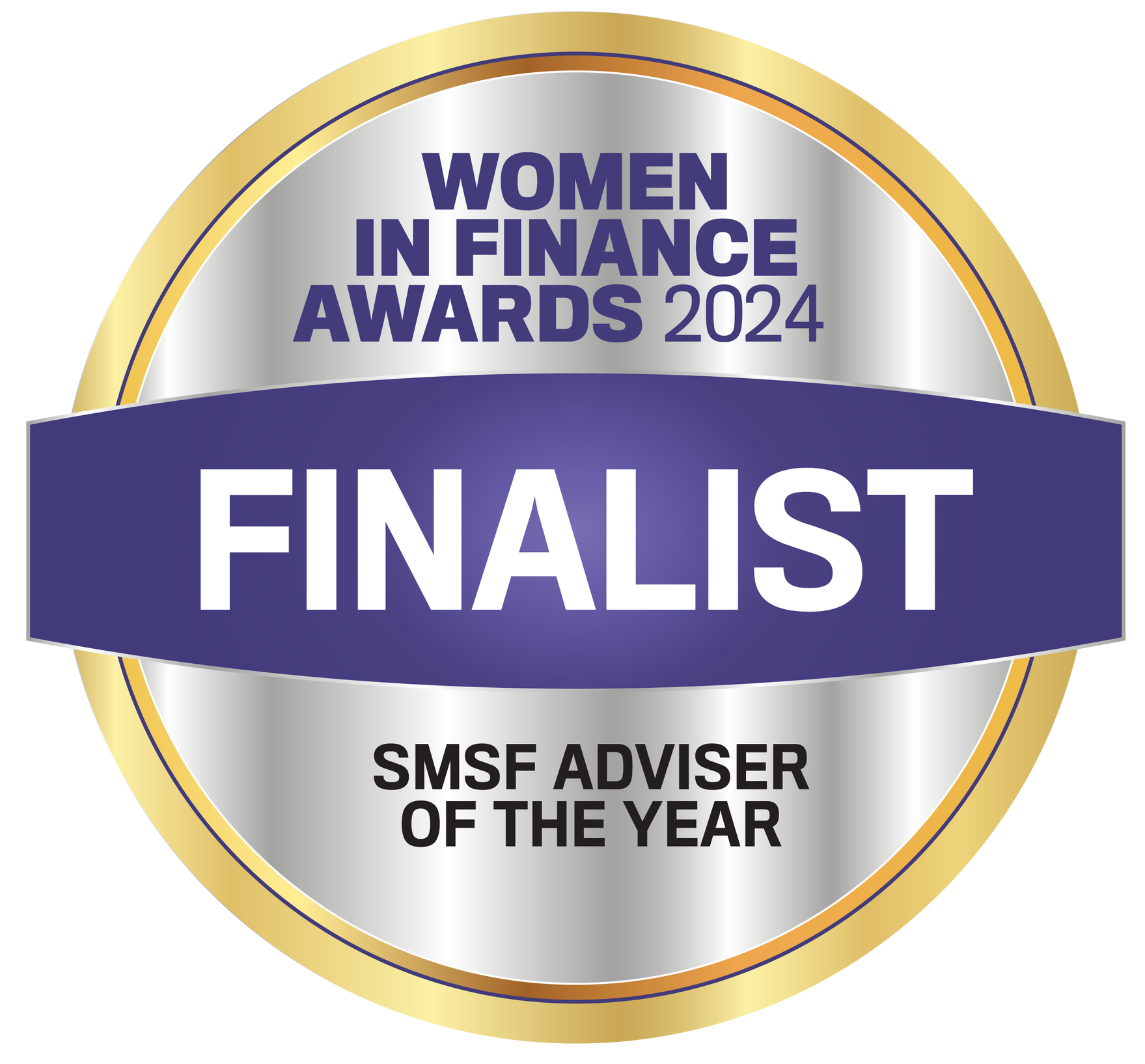 A silver and purple badge that says women in finance awards 2024 finalist smsf adviser of the year.