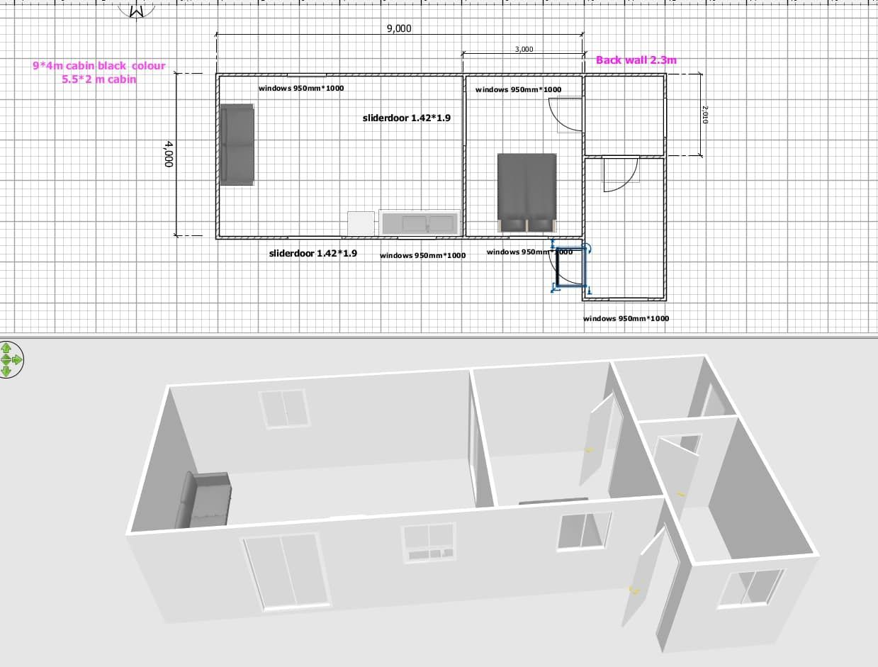 Floor plan and 3D rendering of a building layout. Includes rooms, doors, windows and furniture.