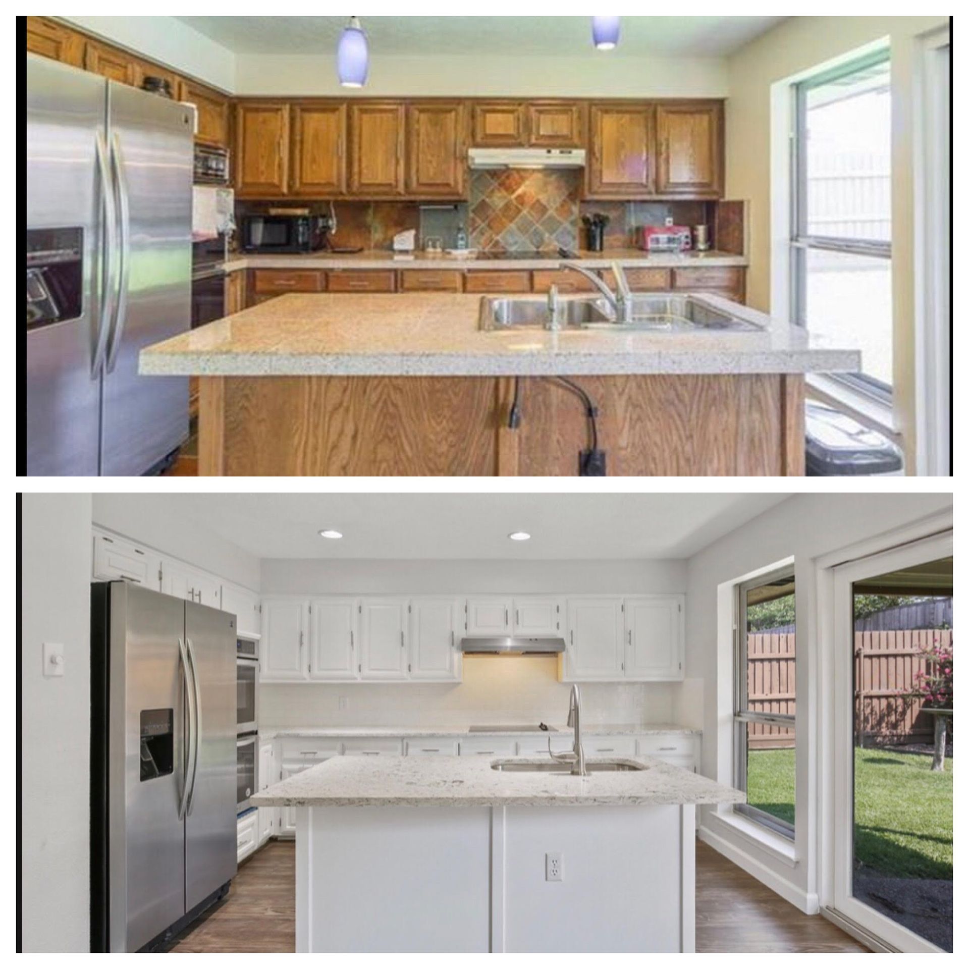 A before and after photo of a kitchen with stainless steel appliances