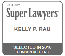 a logo for super lawyers kelly p. rau selected in 2016 by thomson reuters .