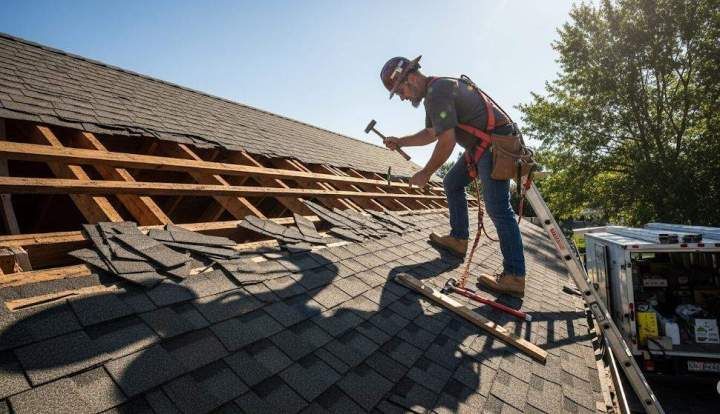 Roofer on a roof, using a hammer, replacing shingles. Safety harness visible. Sunny day.
