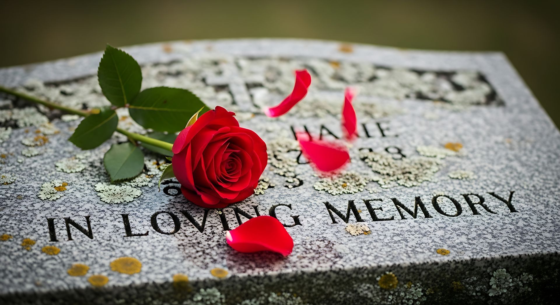 Red rose resting on granite headstone marker.