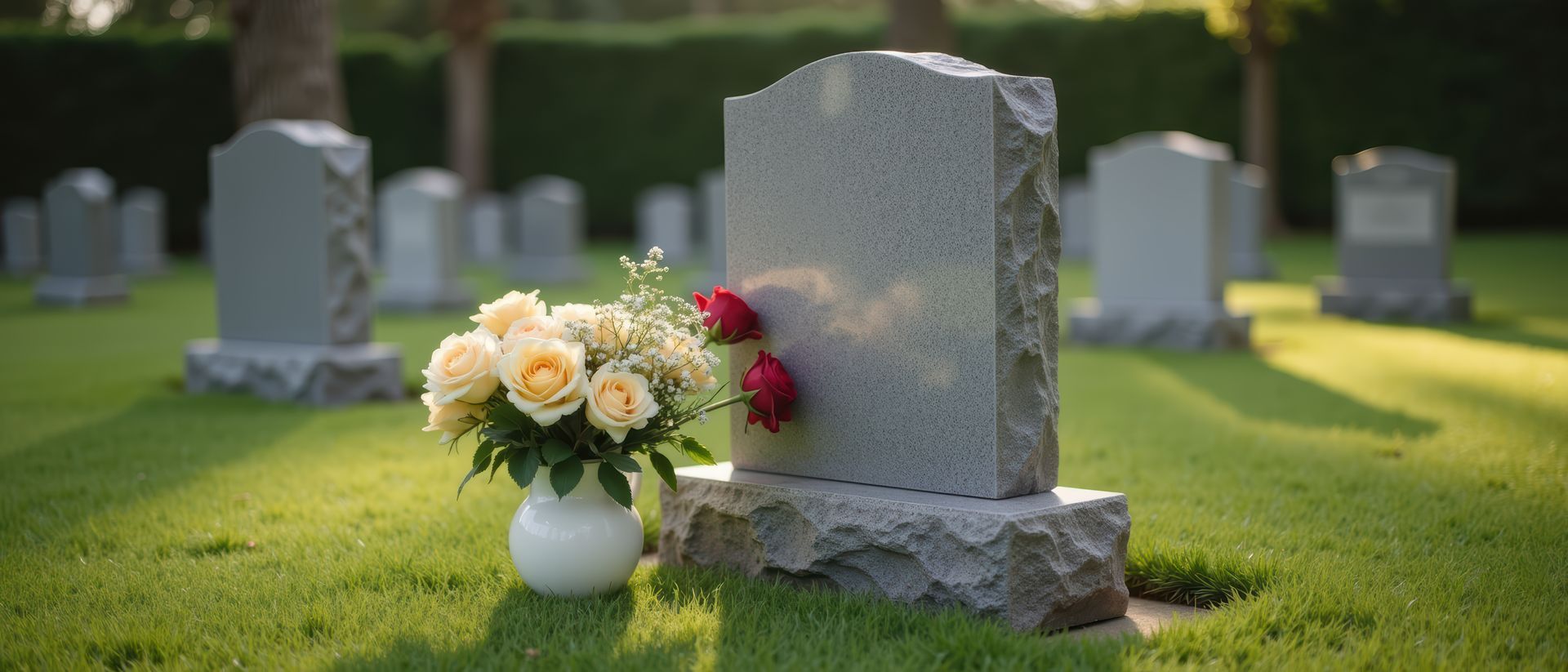 Gray headstone with yellow flower arrangement in a cemetery.