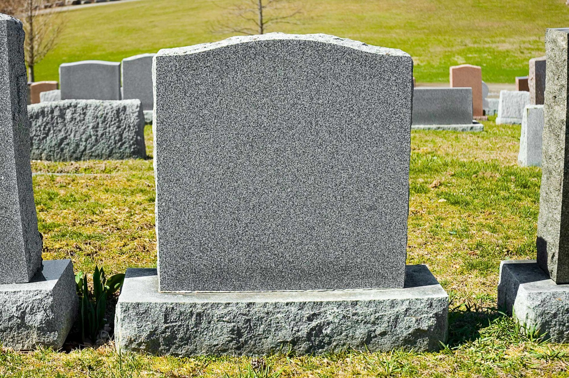 Blank tombstone in serene graveyard, showcasing headstone markers for memorial design.