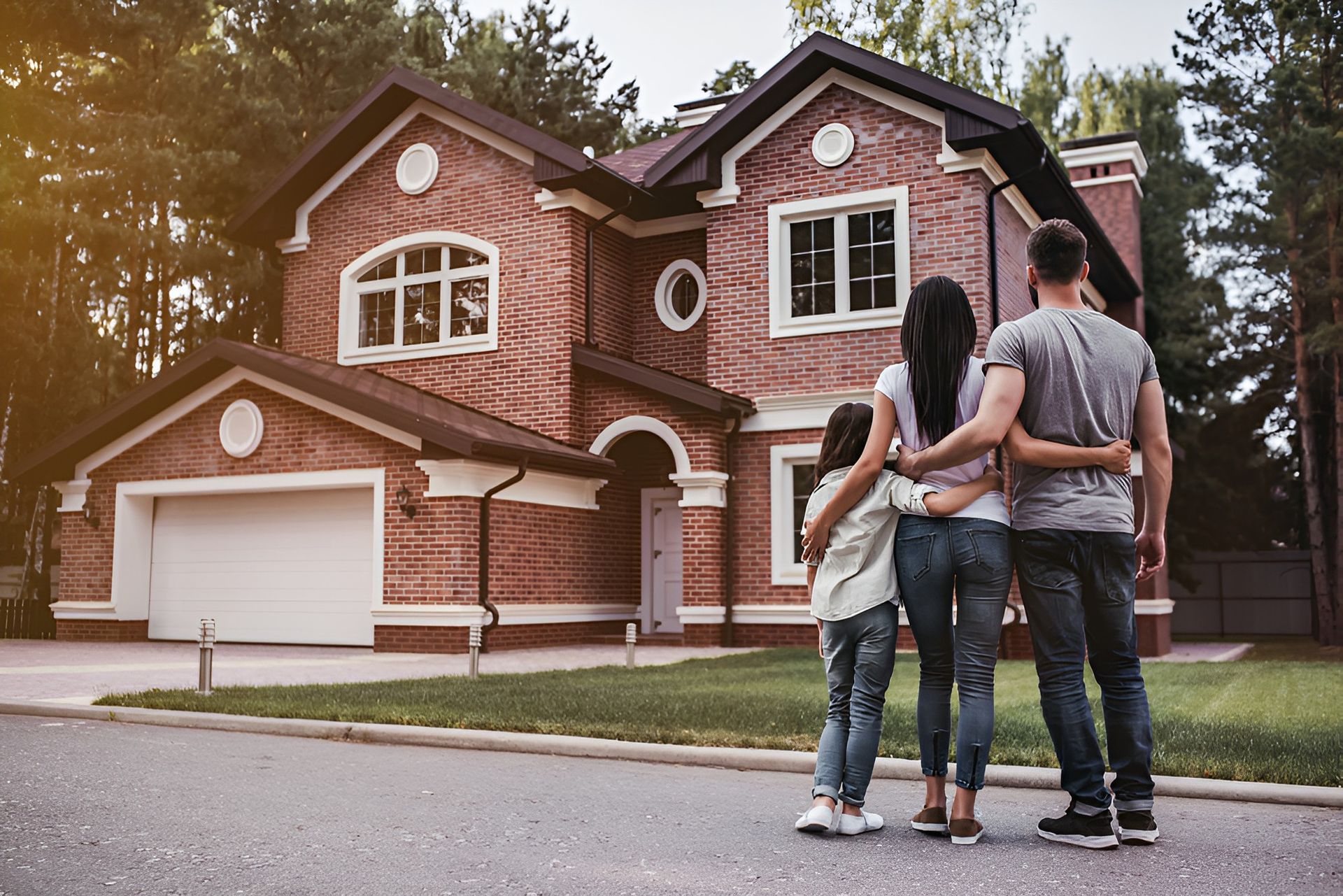 A family stands with their arms around each other, looking at a two-story brick house from the street — Murphy Finance Solutions–Darwin & Palmerston In Zuccoli, NT