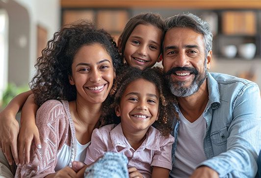 Family of four smiling at camera in a well-lit room. Two young girls with parents, arms around them.