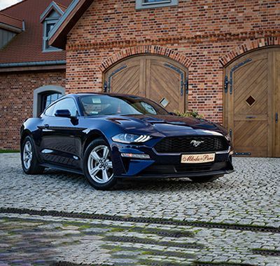 Blue Ford Mustang parked in front of a brick building with wooden doors.