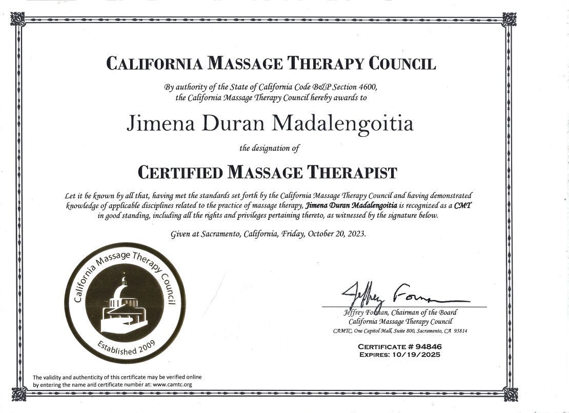 A certified massage therapist certificate from the california massage therapy council