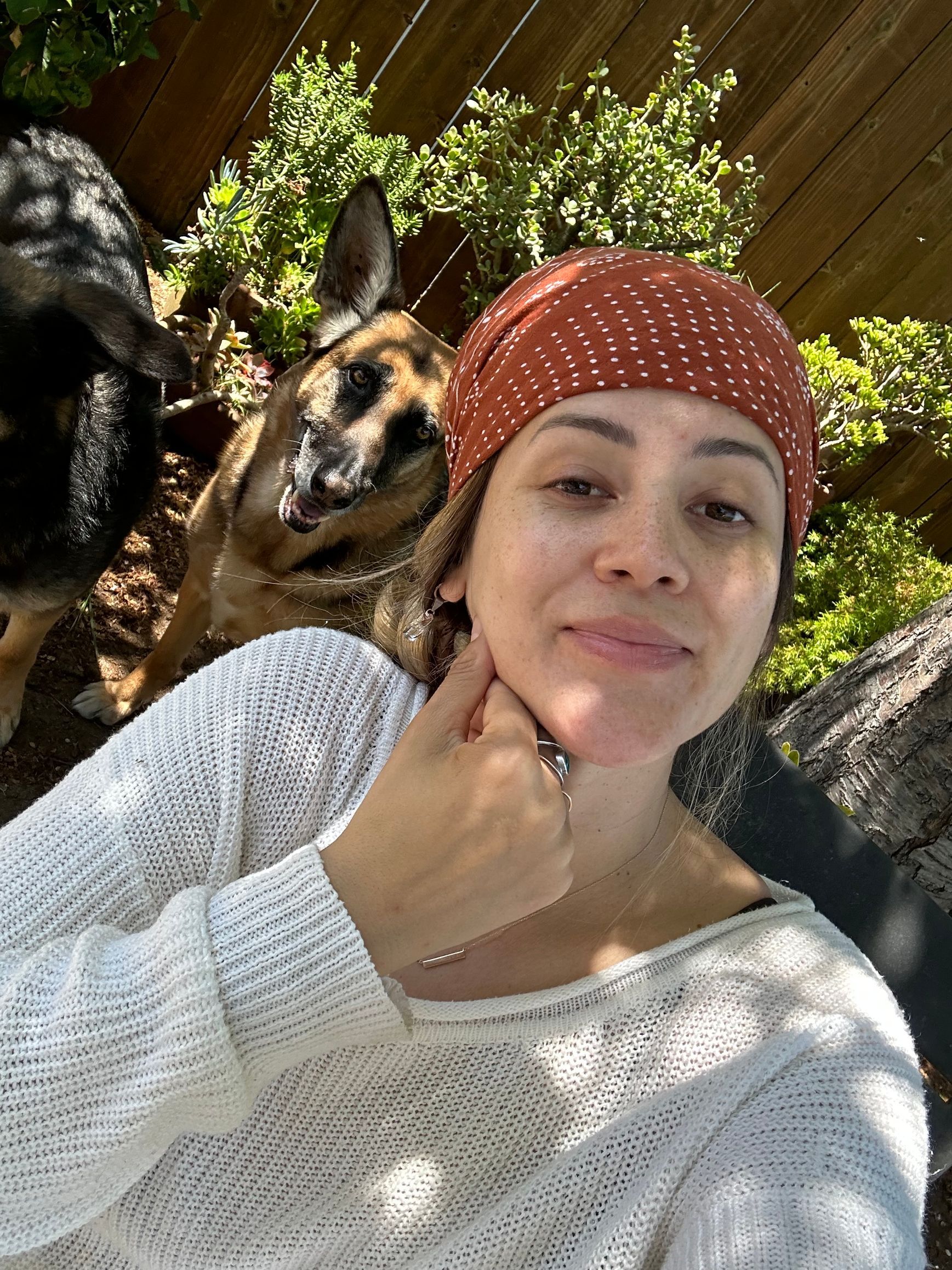 A woman is taking a selfie with two dogs.