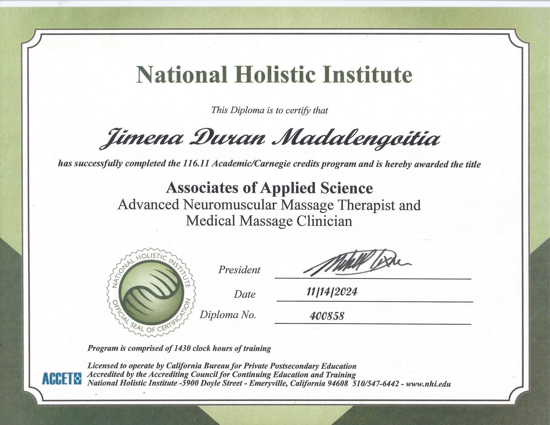 A national holistic institute certificate for a massage therapist