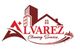 Logo for Alvarez Cleaning Services: buildings and a cleaning tool with the company name in burgundy.