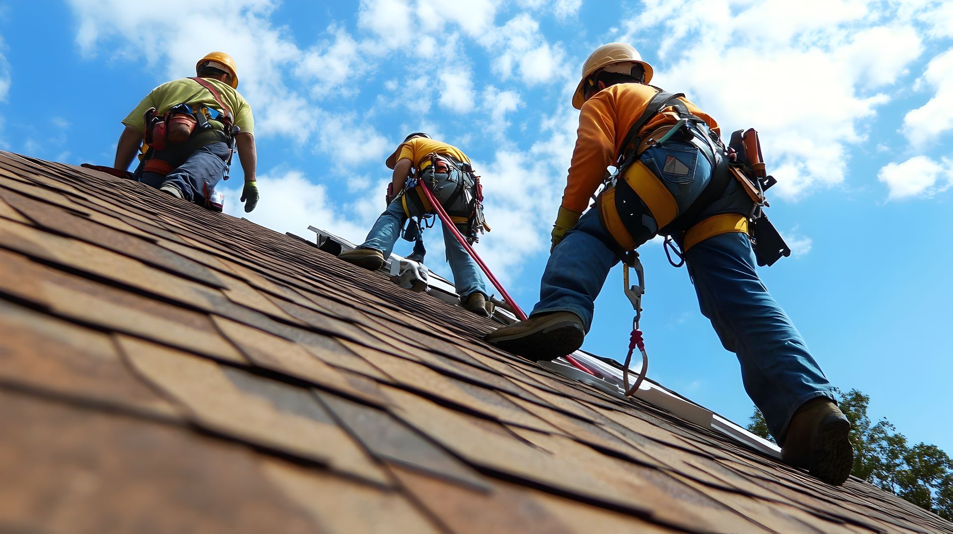 Roofing company crew replacing shingles on residential brick home with ladder access.