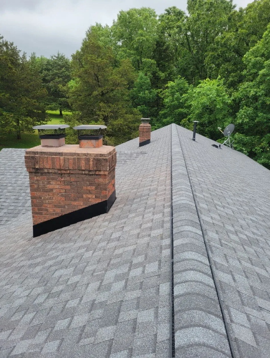 A roof with a chimney and two windows on it