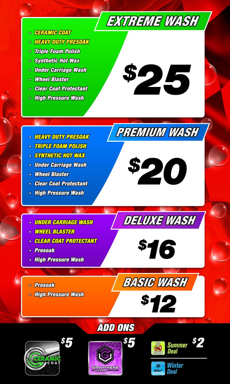 A flyer for a car wash shows the prices for different types of washes.