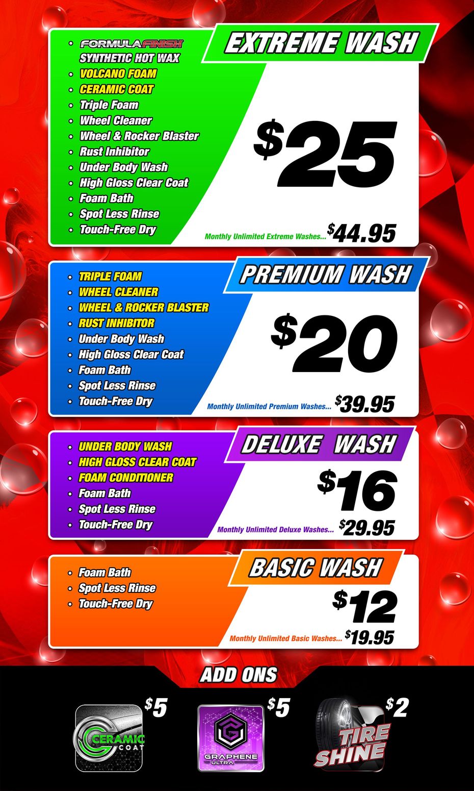 A menu for a car wash with prices for different types of wash.