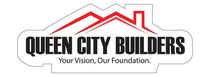 Logo for Queen City Builders with red roofline graphic and tagline “Your Vision, Our Foundation.”