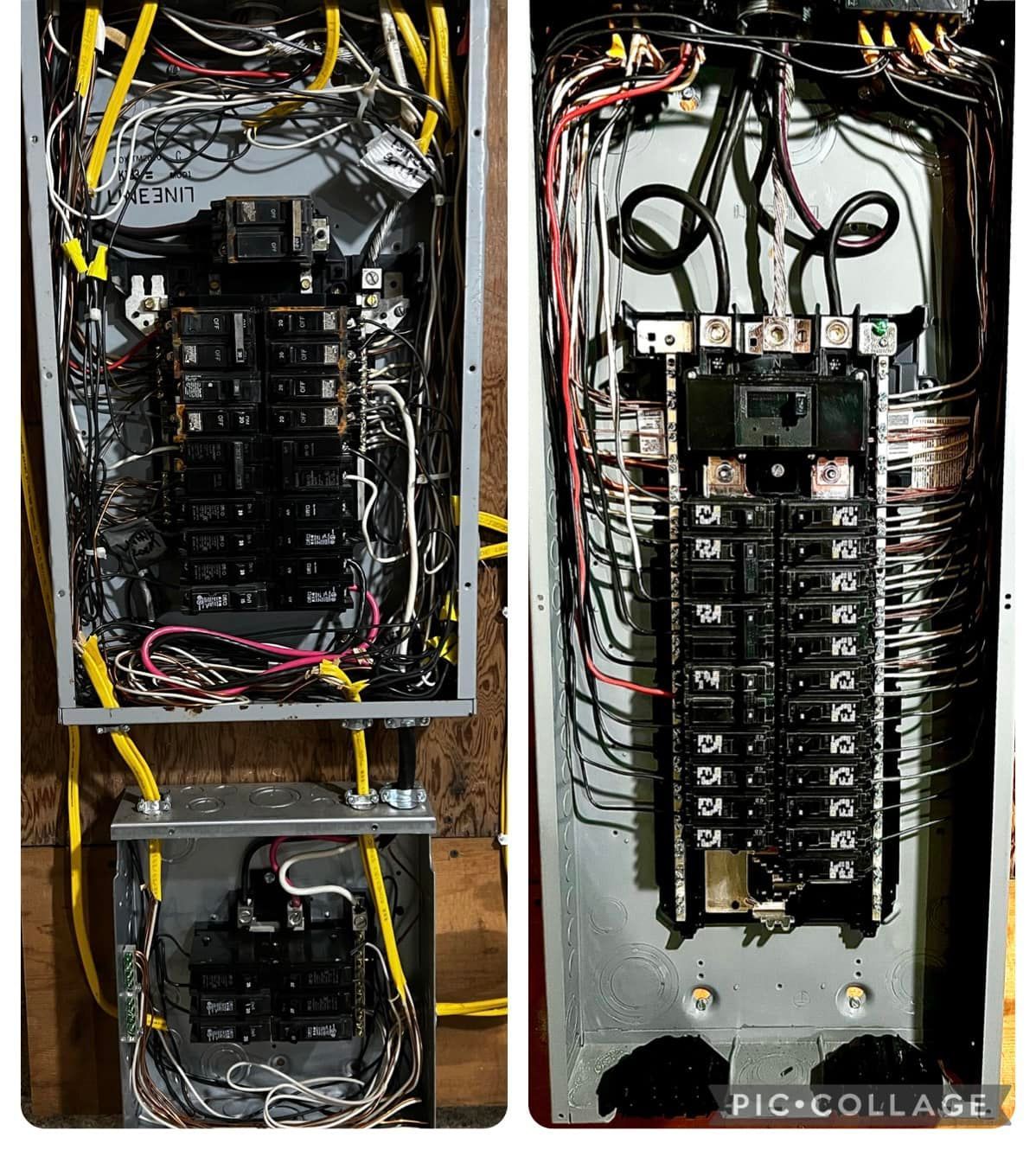 Open electrical panels with tangled wiring and stacked circuit breakers in a side-by-side collage.
