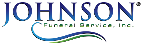 Logo for Johnson Funeral Service, Inc., with blue and green wave design under the name.