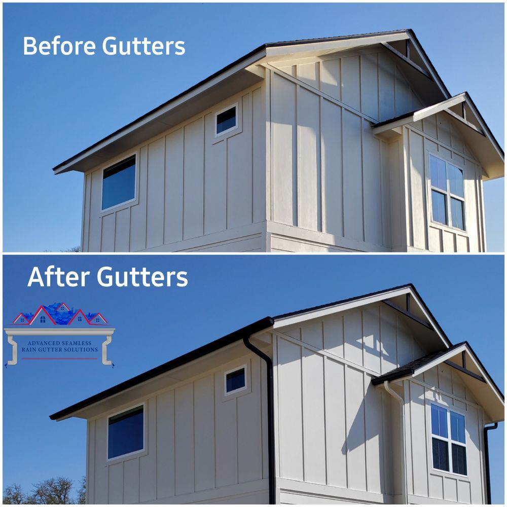 Home in Buda, Tx Before rain gutters install pic & after ASRGS installation of seamless rain gutters