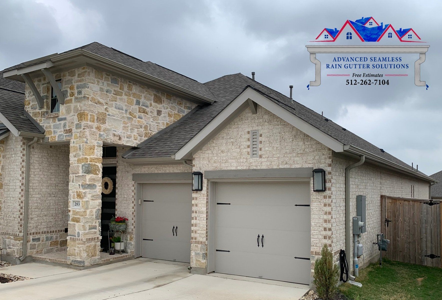 Seamless rain gutter installation on a home in La Cima in San Marcos, Texas