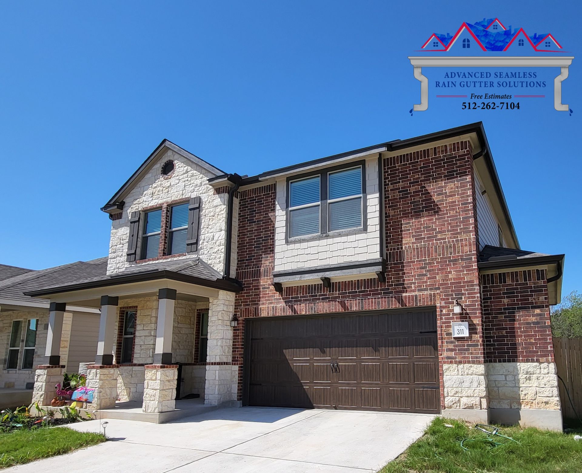 rain gutter installation in Marion Texas with brown gutters to match the 2 story home