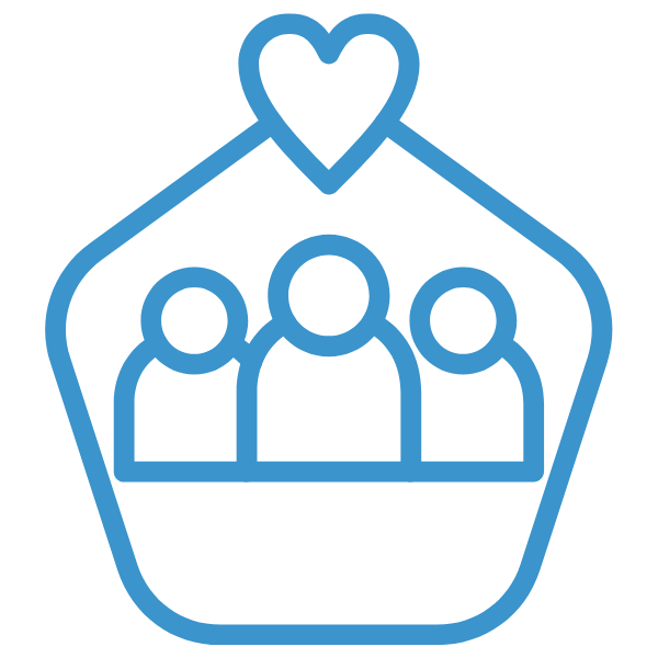 Blue outline icon of three people inside a house with a heart above them