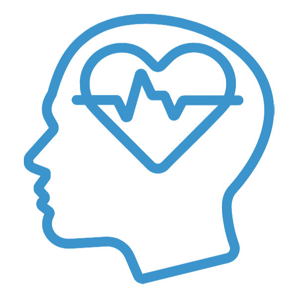 Blue outline of a head with a heart and heartbeat line inside, symbolizing mental health or care