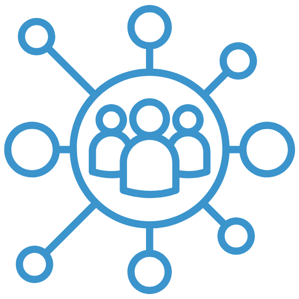 Blue outline icon of a group of people connected to surrounding nodes, representing a social network or team