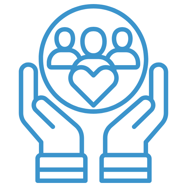Blue outline icon of hands protecting a group of people with a heart in the center