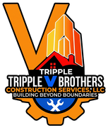 Logo for Tripple V Brothers Construction. Orange V shape, buildings, tools, and text on white background.