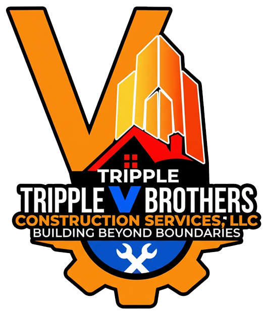 Logo for Tripple V Brothers Construction. Orange V shape, buildings, tools, and text on white background.
