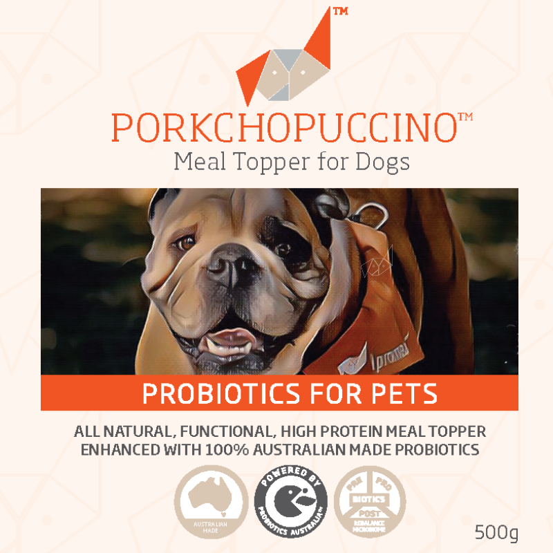 A package of pork chopuccini meal topper for dogs