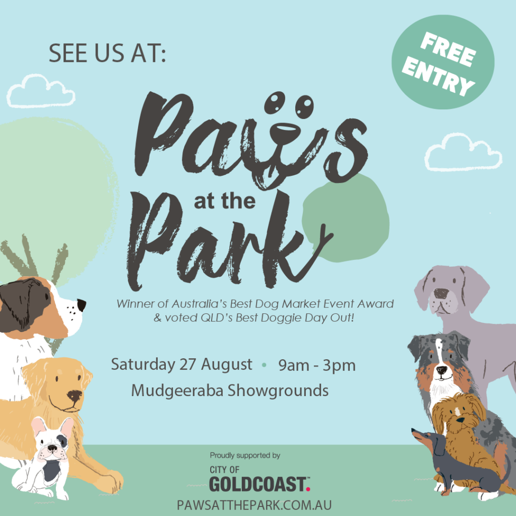 A poster for paws at the park on saturday 27 august