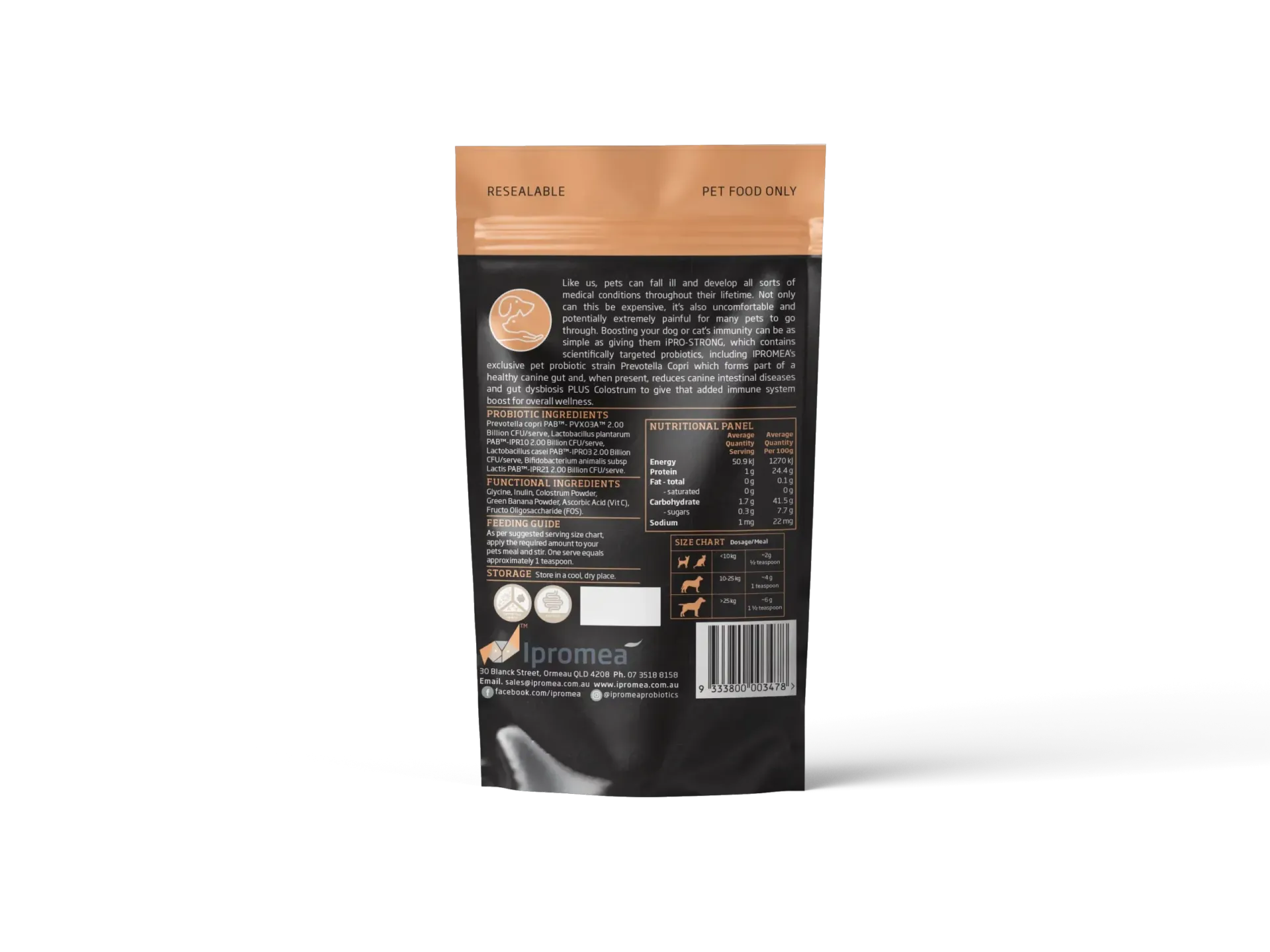 A black bag of ipro strong probiotics on a white background.