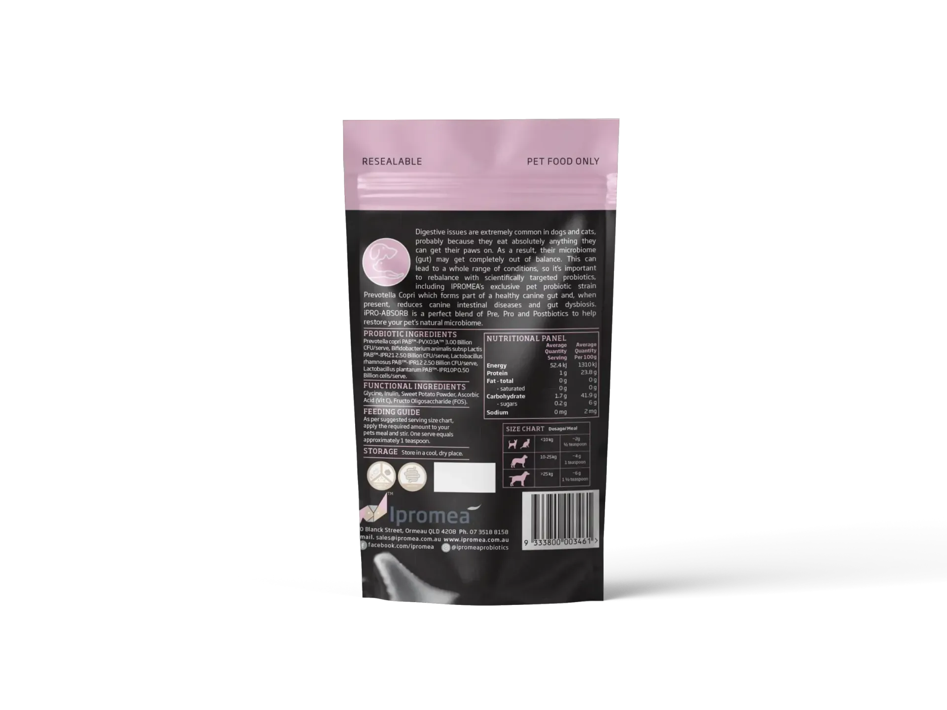 A black bag of ipro absorb is sitting on a white surface.