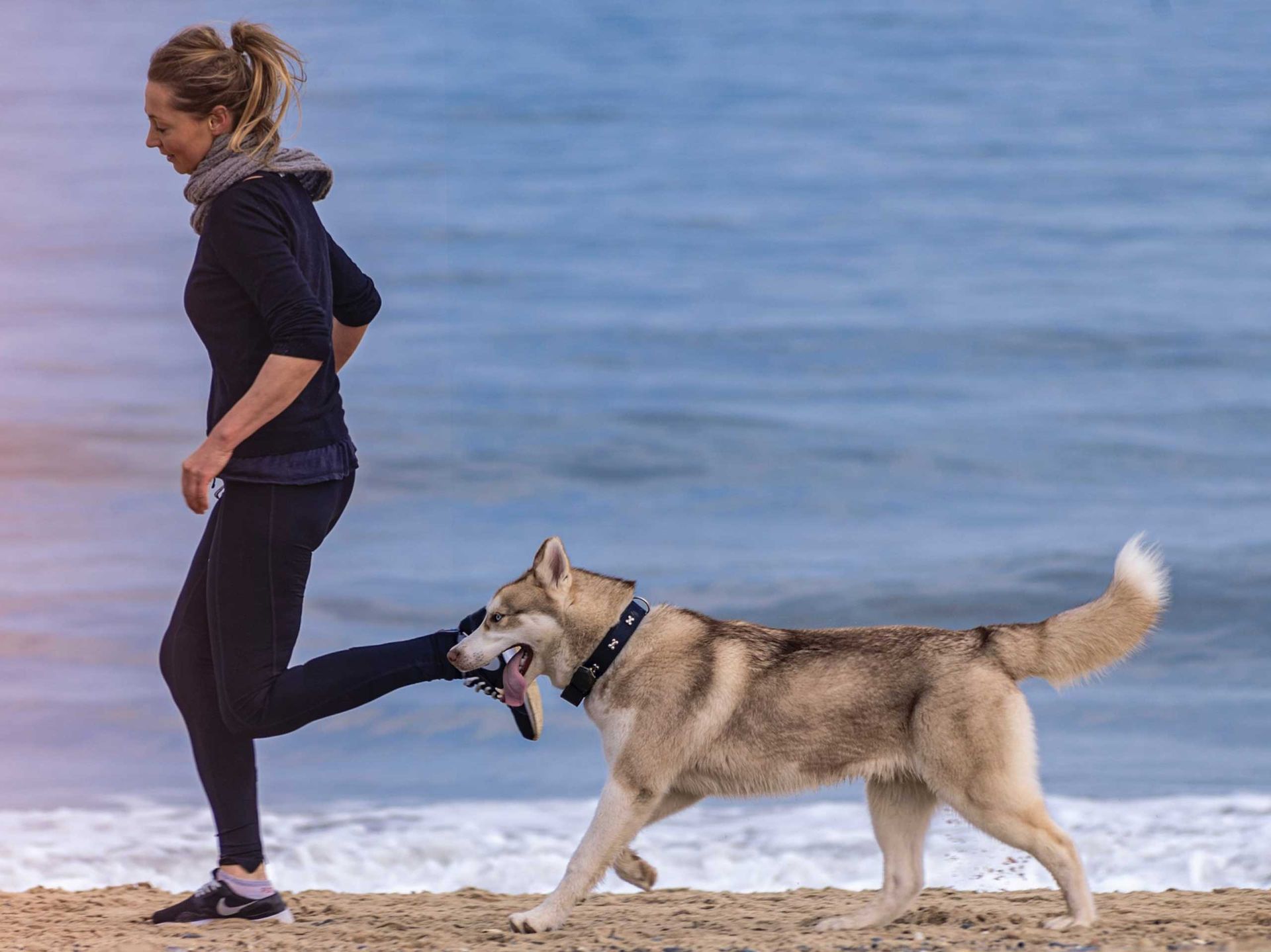 A woman is playing with a husky dog on the beach.