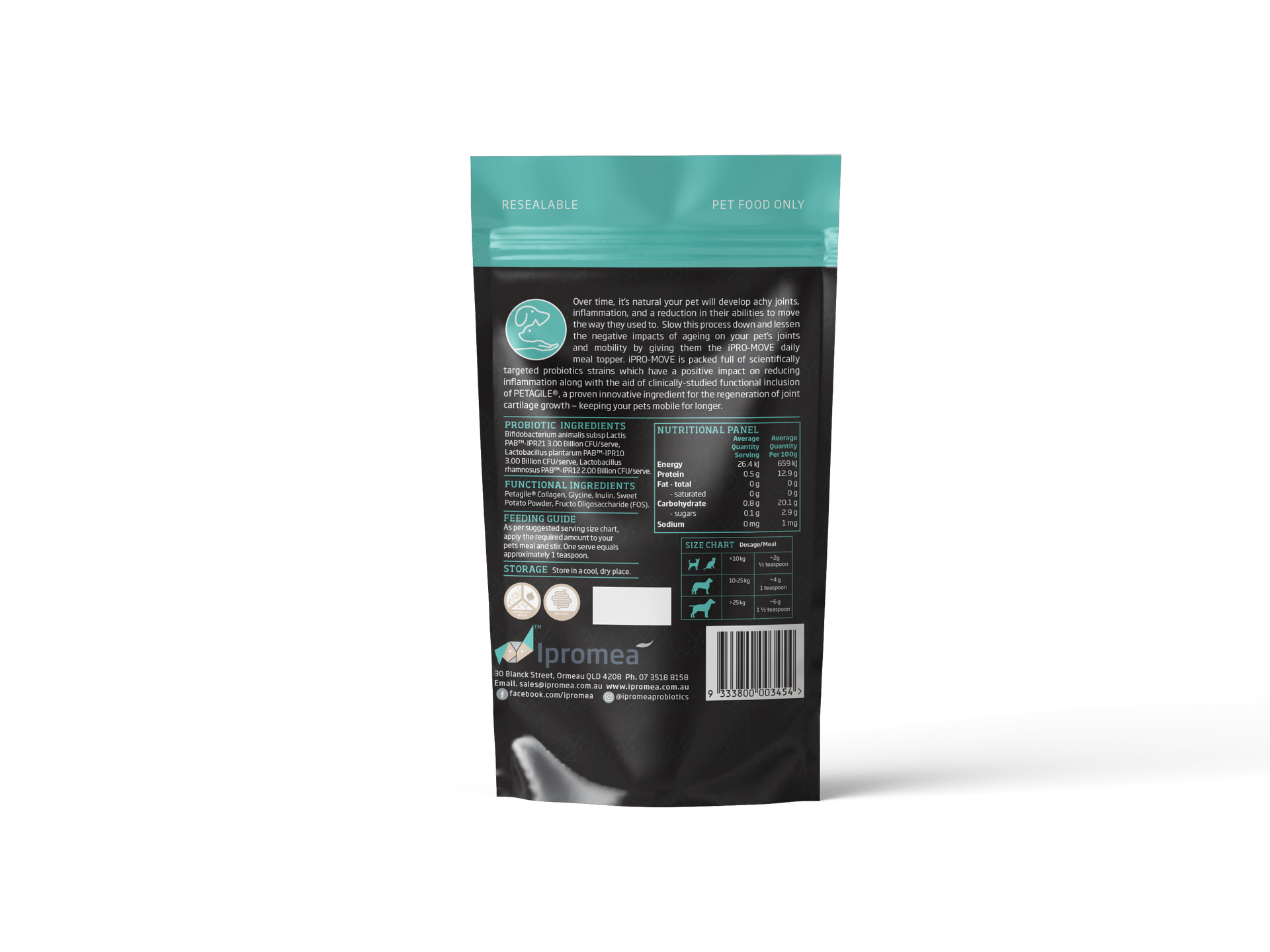 A bag of ipro-move joint and muscle support powder on a white background.
