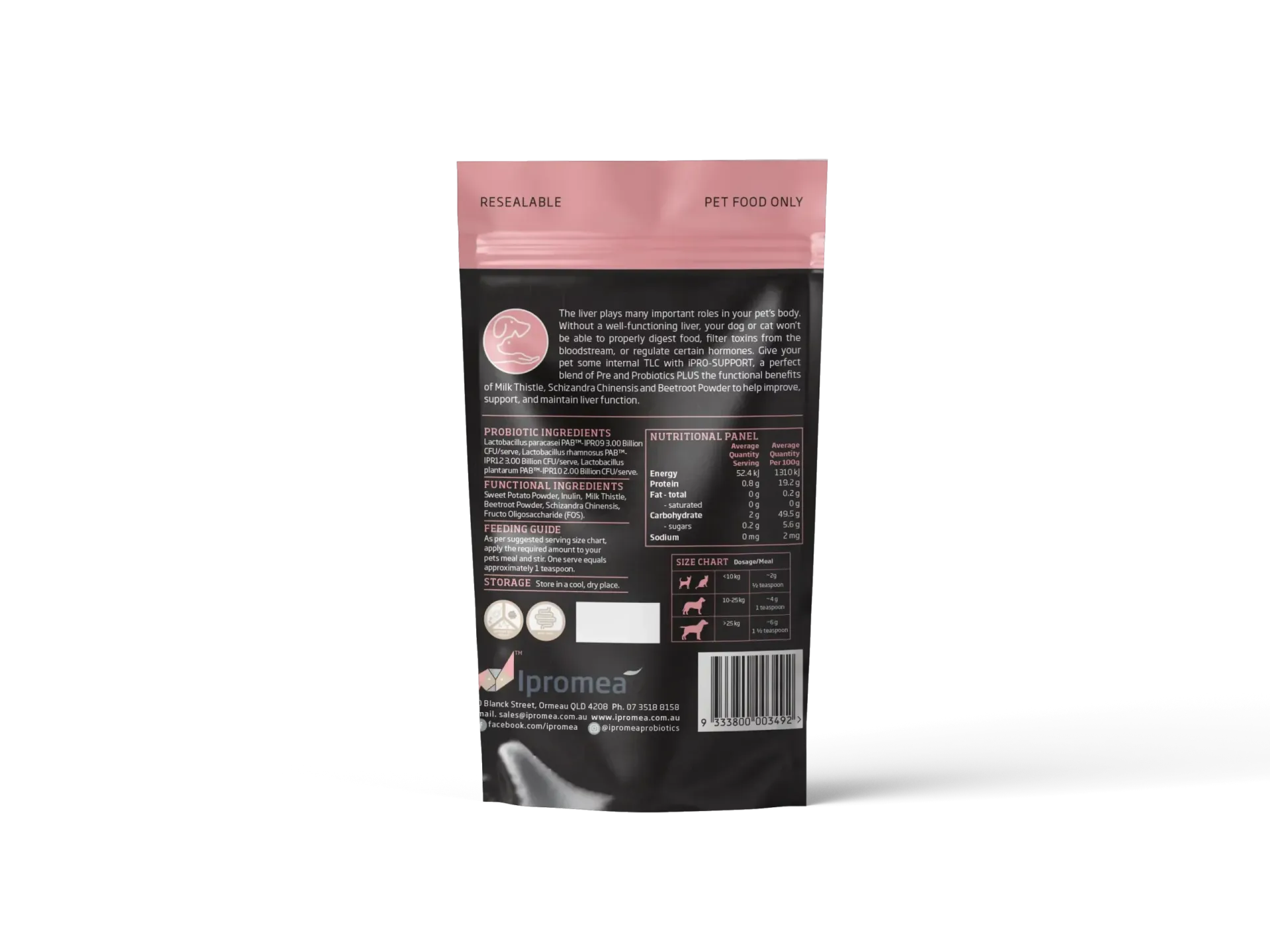 A bag of ipro support is sitting on a white surface.
