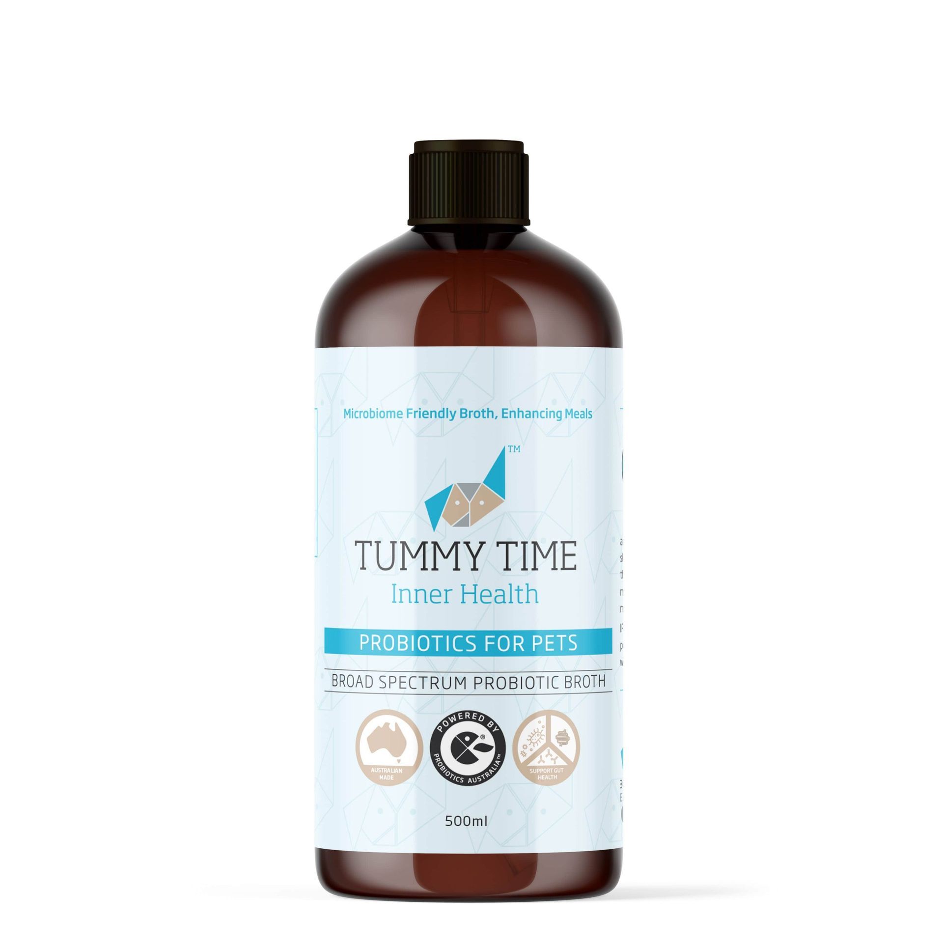 A bottle of tummy time probiotics for pets on a white background.