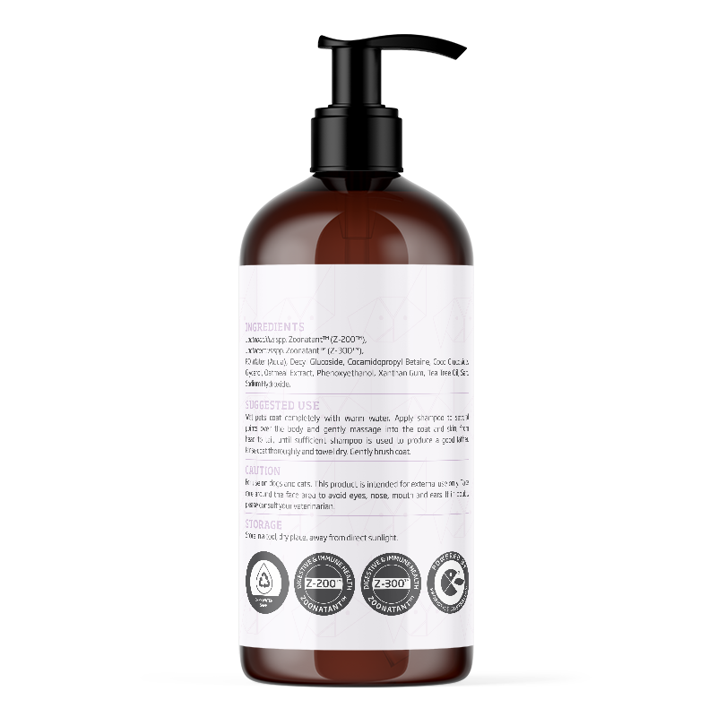 A bottle of woof wonder probiotics for pets glow shampoo.