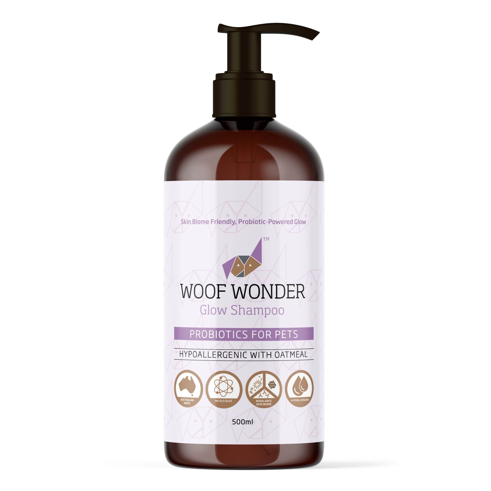 A bottle of woof wonder probiotics for pets glow shampoo.