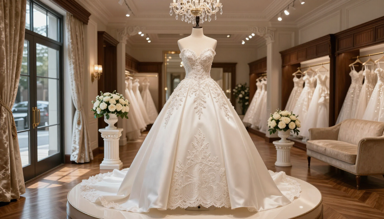 A beautiful white bridal gown displayed in a luxury boutique window.